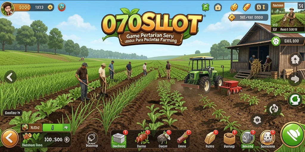 Screenshot gameplay 070SLOT menunjukkan petani yang sedang merawat tanaman.