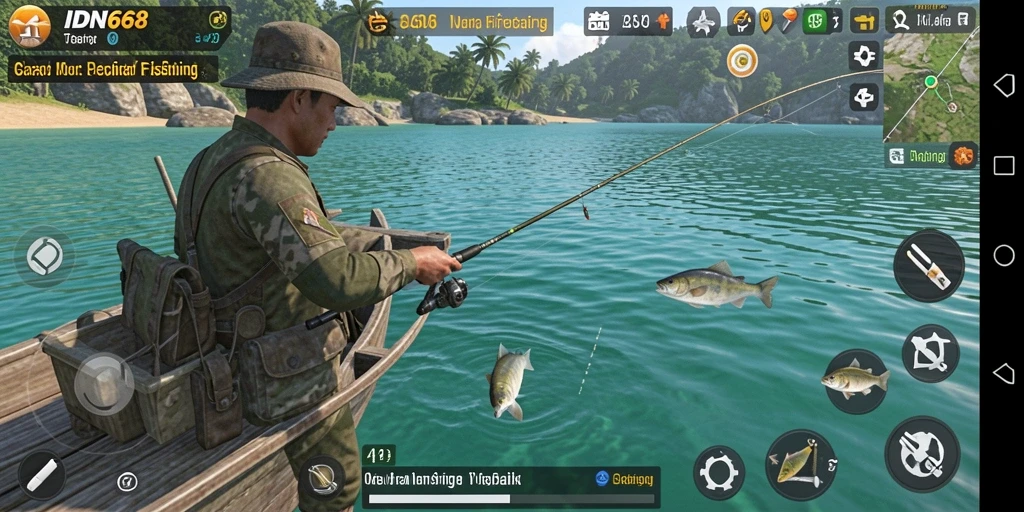 Screenshot gameplay IDN668 menunjukkan aksi memancing yang seru.