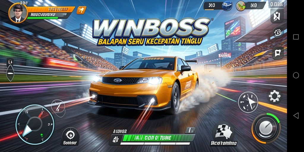 Tangkapan layar gameplay WINBOSS menampilkan aksi balapan yang mendebarkan.